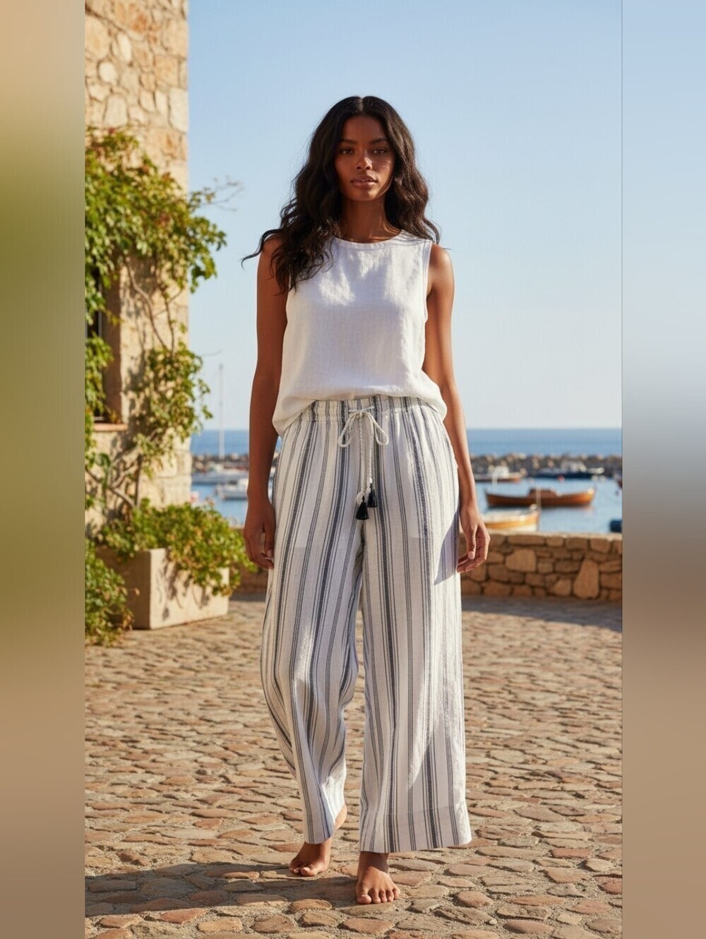 Harmony & Havoc Linen Striped Wide Leg Pants Blue /White Nautical Boho Summer